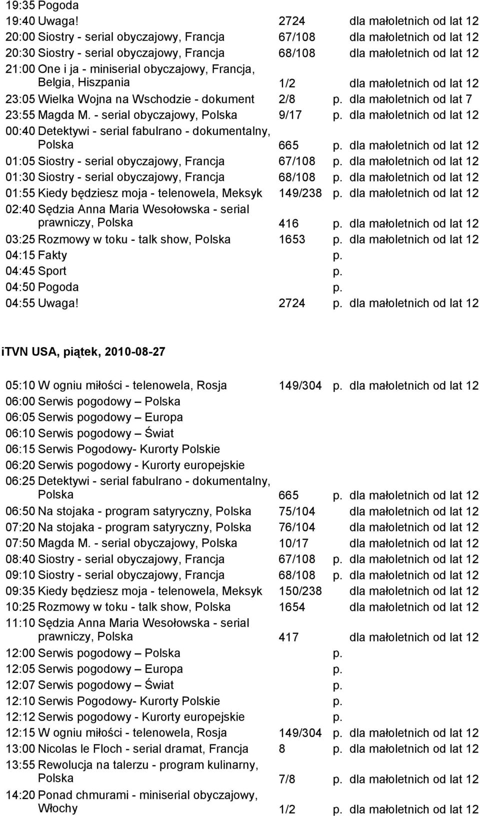 Wschodzie - dokument 2/8 p. dla małoletnich od lat 7 23:55 Magda M. - serial obyczajowy, Polska 9/17 p. 00:40 Detektywi - serial fabulrano - dokumentalny, Polska 665 p.