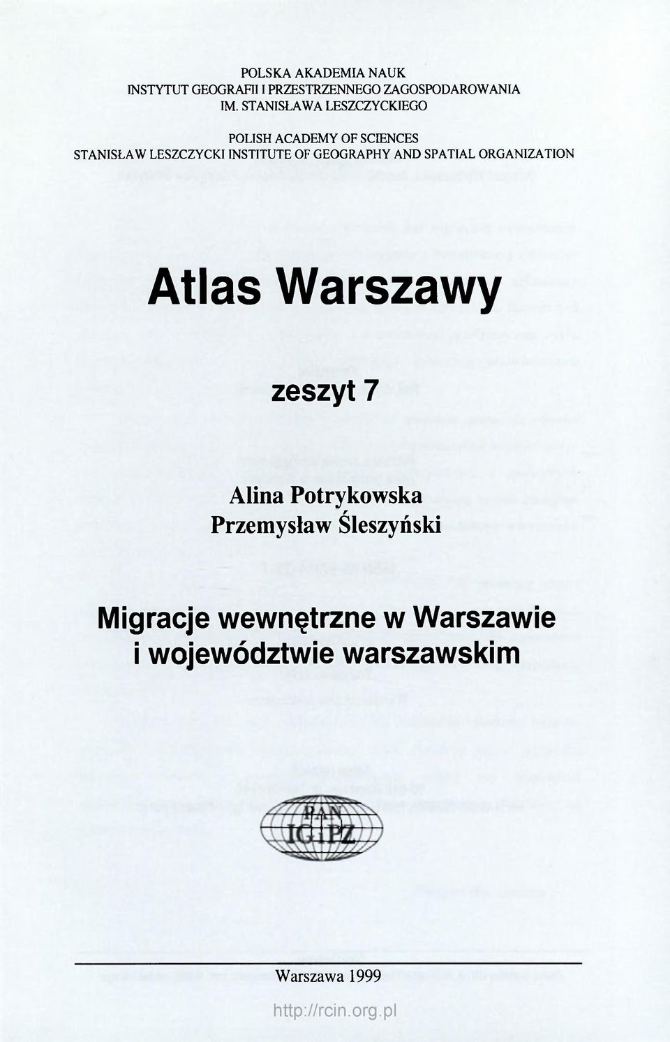 OF GEOGRAPHY AND SPATIAL ORGANIZATION Atlas Warszawy zeszyt 7 Alina Potrykowska r