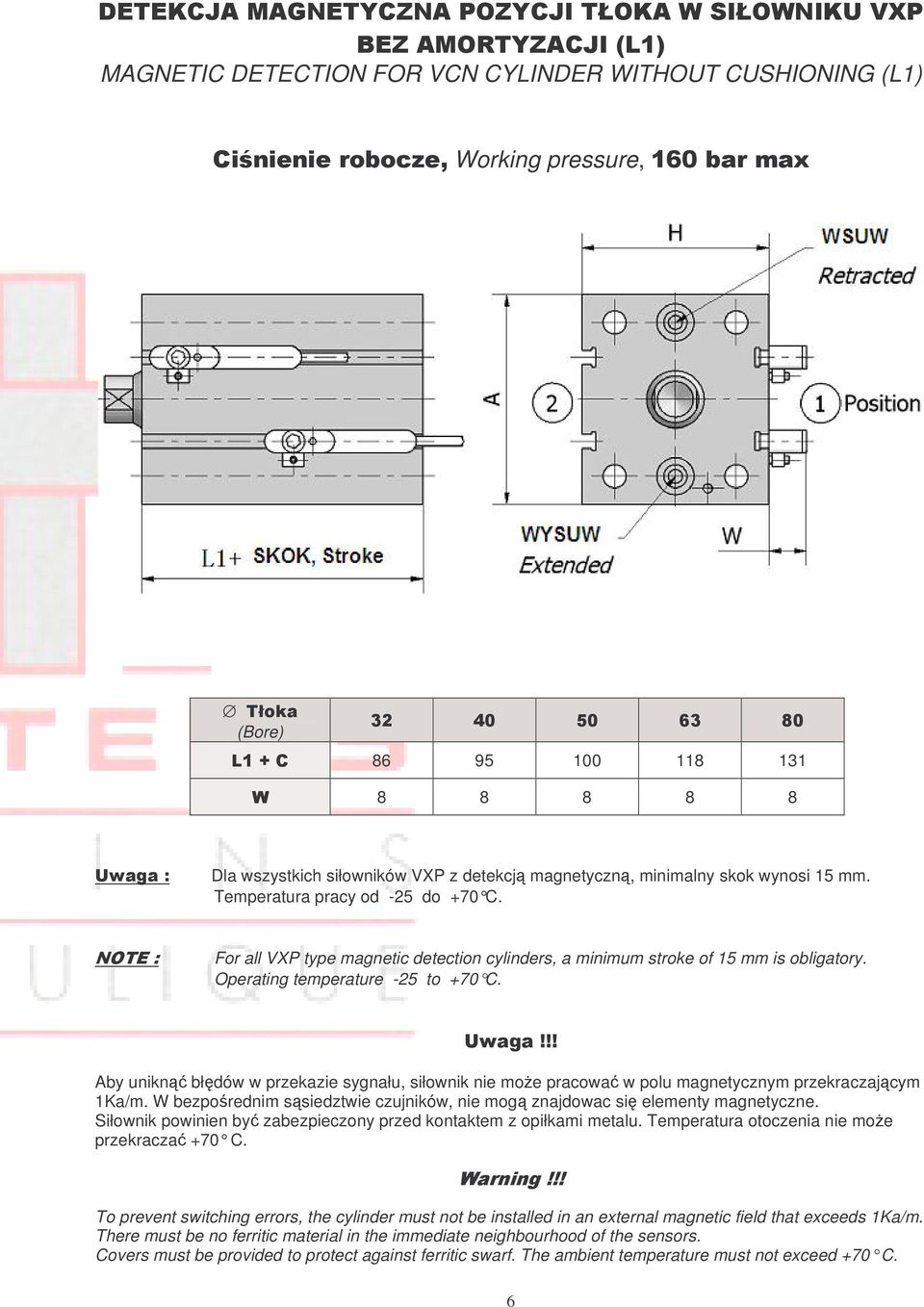 NOTE : For all VXP type magnetic detection cylinders, a minimum stroke of 15 mm is obligatory. Operating temperature -25 to +70 C. Uwaga!