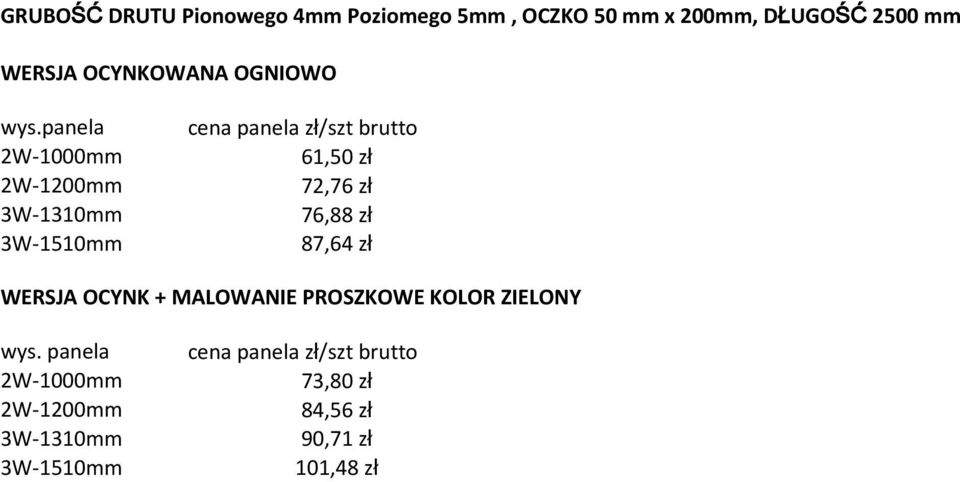 panela cena panela zł/szt brutto 61,50 zł 72,76 zł 76,88 zł 87,64 zł WERSJA