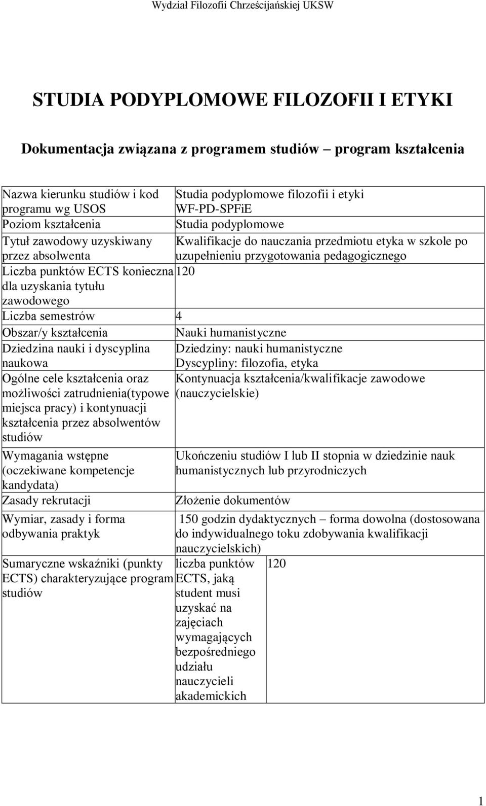 konieczna 120 dla uzyskania tytułu zawodowego Liczba semestrów 4 Obszar/y kształcenia Nauki humanistyczne Dziedzina nauki i dyscyplina Dziedziny: nauki humanistyczne naukowa Dyscypliny: filozofia,