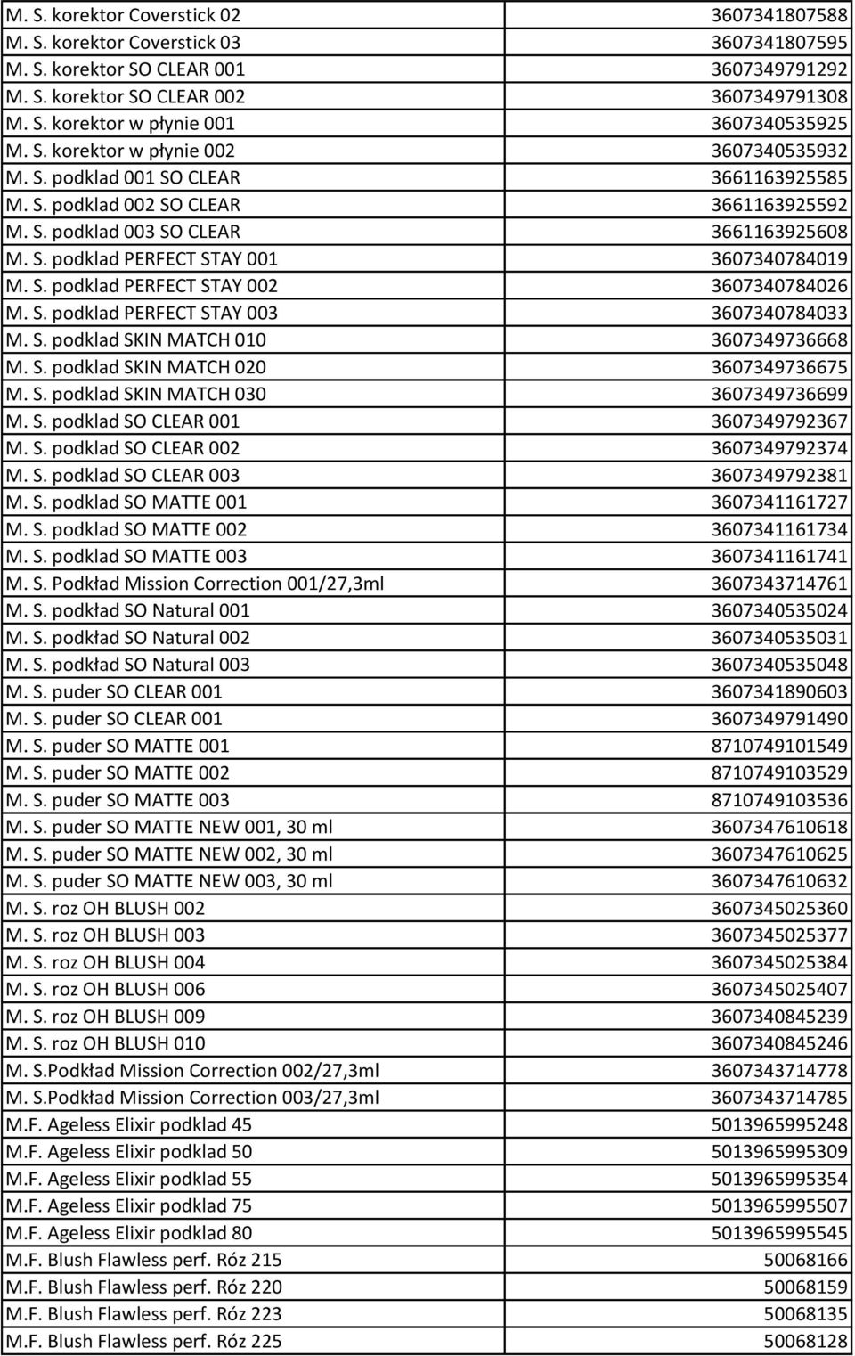 S. podklad PERFECT STAY 002 3607340784026 M. S. podklad PERFECT STAY 003 3607340784033 M. S. podklad SKIN MATCH 010 3607349736668 M. S. podklad SKIN MATCH 020 3607349736675 M. S. podklad SKIN MATCH 030 3607349736699 M.