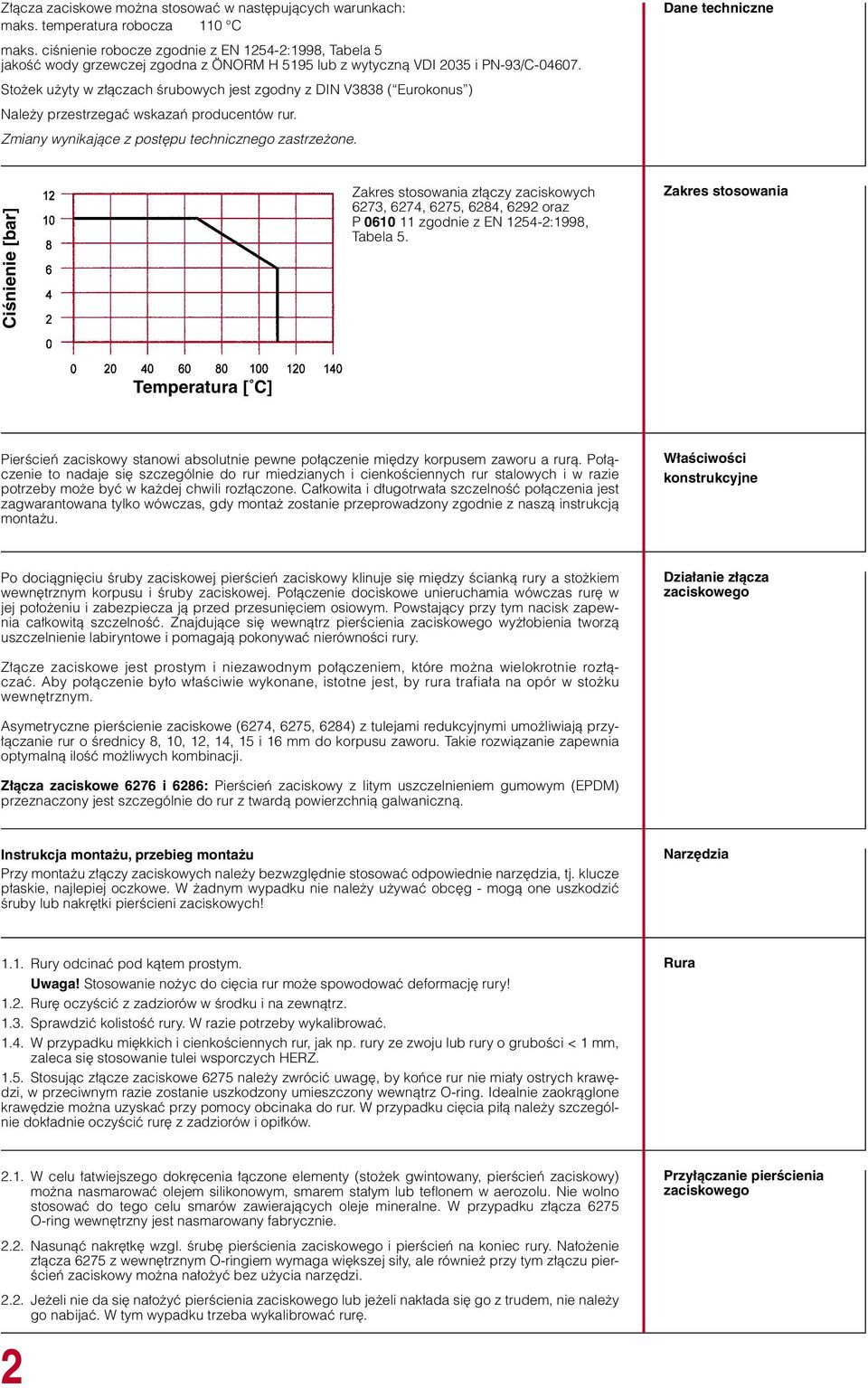 Stożek użyty w złączach śrubowych jest zgodny z DIN V3838 ( Eurokonus ) Należy przestrzegać wskazań producentów rur. Zmiany wynikające z postępu technicznego zastrzeżone.