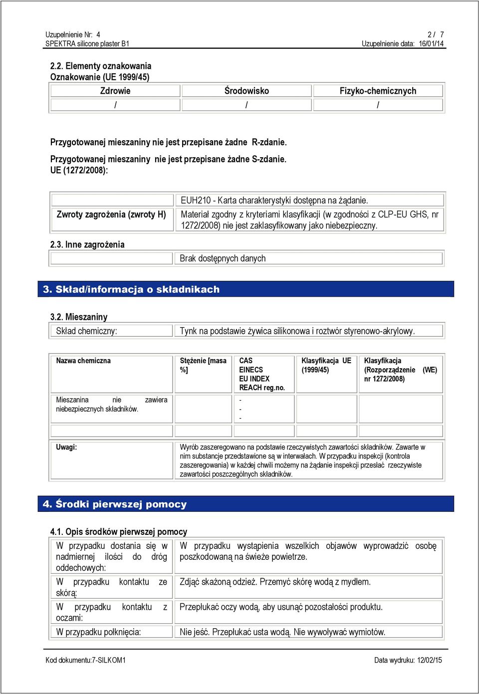 Materiał zgodny z kryteriami klasyfikacji (w zgodności z CLP-EU GHS, nr 1272/2008) nie jest zaklasyfikowany jako niebezpieczny. 3. Skład/informacja o składnikach 3.2. Mieszaniny Skład chemiczny: Tynk na podstawie żywica silikonowa i roztwór styrenowo-akrylowy.