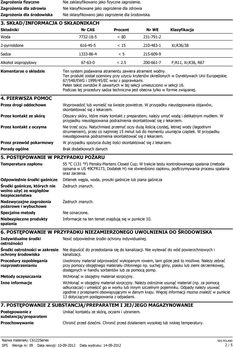 SKŁAD/INFORMACJA O SKŁADNIKACH Składniki Nr CAS Procent Nr WE Klasyfikacja Woda 7732-18-5 < 80 231-791-2 616-45-5 < 15 210-483-1 Xi;R36/38 Sadza 1333-86-4 < 5 215-609-9 67-63-0 < 2.