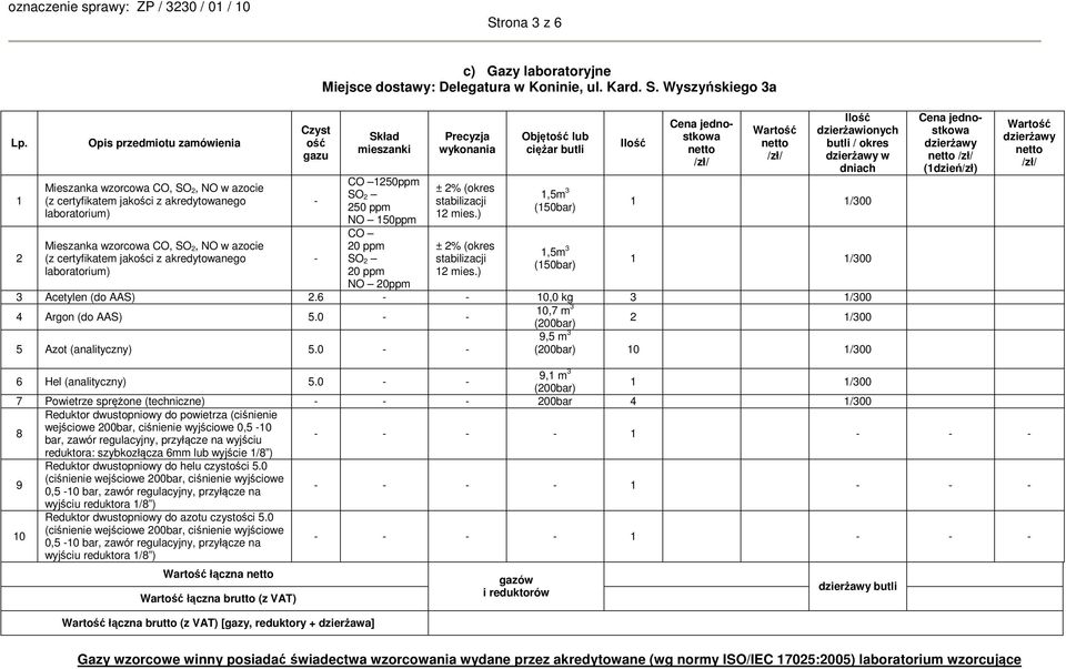 ) ± 2% ( stabilizacji 12 mies.) 1,5m 3 (150bar) 1,5m 3 (150bar) dzierżawionych / w 1 1/300 1 1/300 3 Acetylen (do AAS) 2.6 - - 10,0 kg 3 1/300 4 Argon (do AAS) 5.