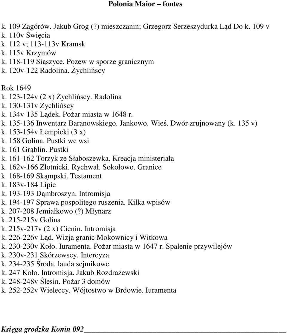 Dwór zrujnowany (k. 135 v) k. 153-154v Łempicki (3 x) k. 158 Golina. Pustki we wsi k. 161 Grąblin. Pustki k. 161-162 Torzyk ze Słaboszewka. Kreacja ministeriała k. 162v-166 Złotnicki. Rychwał.