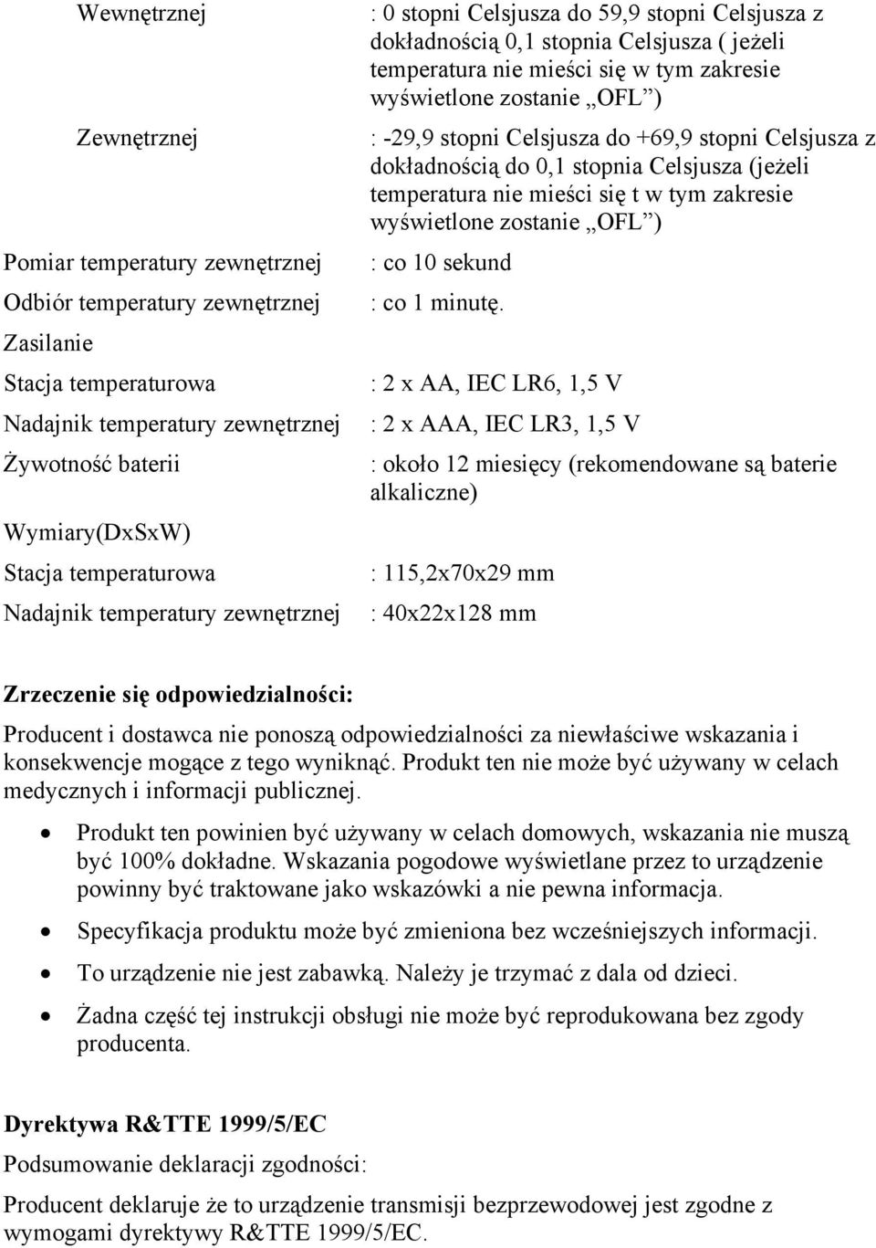 zostanie OFL ) : -29,9 stopni Celsjusza do +69,9 stopni Celsjusza z dokładnością do 0,1 stopnia Celsjusza (jeżeli temperatura nie mieści się t w tym zakresie wyświetlone zostanie OFL ) : co 10 sekund
