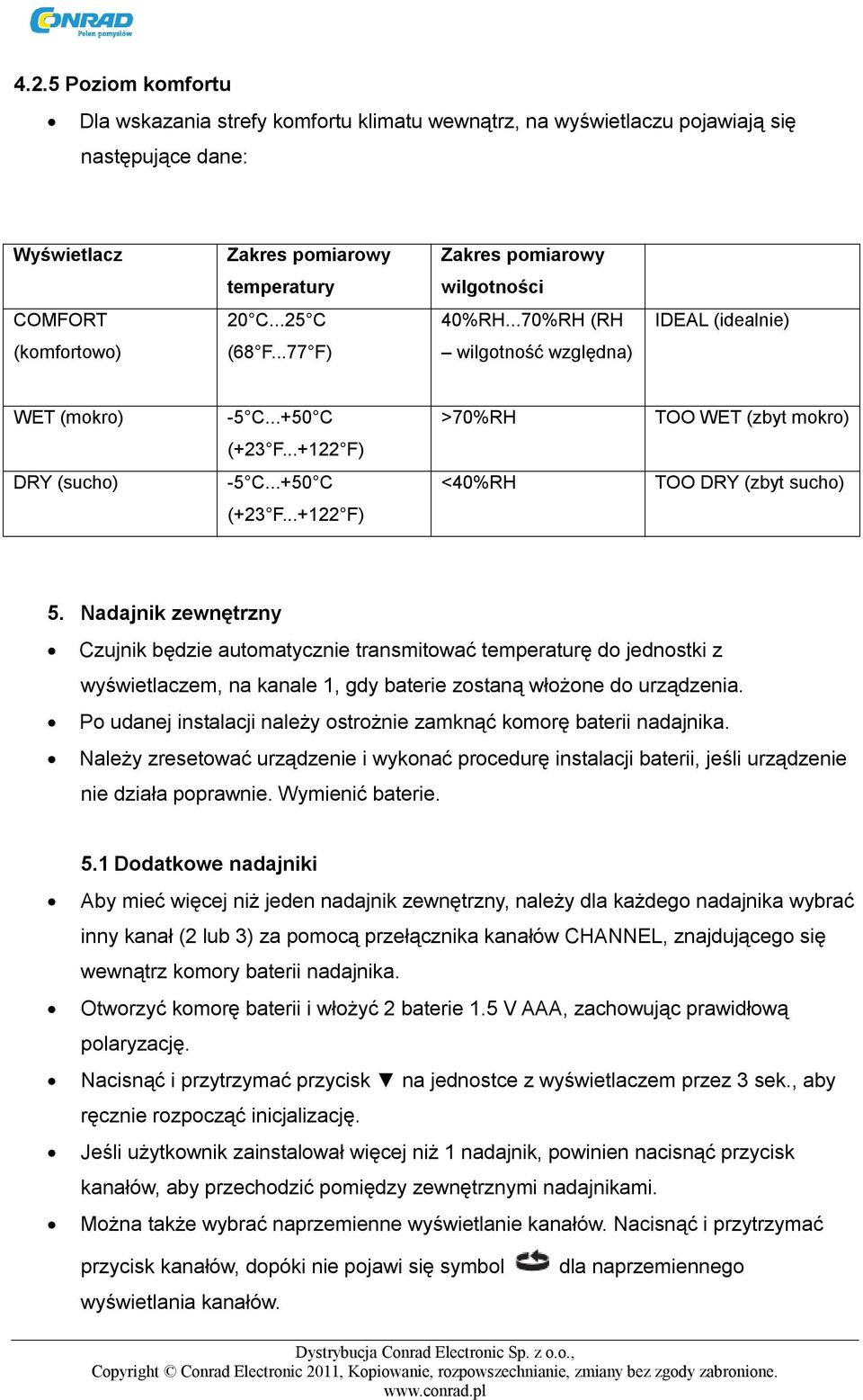 ..+50 C <40%RH TOO DRY (zbyt sucho) (+23 F...+122 F) 5.