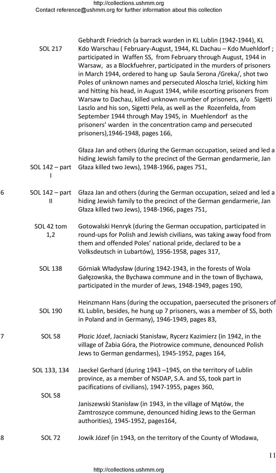 Saula Serona /Greka/, shot two Poles of unknown names and persecuted Aloscha Izriel, kicking him and hitting his head, in August 1944, while escorting prisoners from Warsaw to Dachau, killed unknown