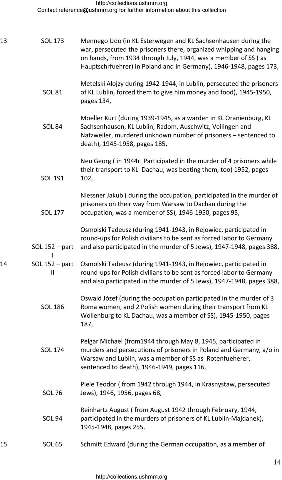 1944, in Lublin, persecuted the prisoners of KL Lublin, forced them to give him money and food), 1945 1950, pages 134, Moeller Kurt (during 1939 1945, as a warden in KL Oranienburg, KL Sachsenhausen,