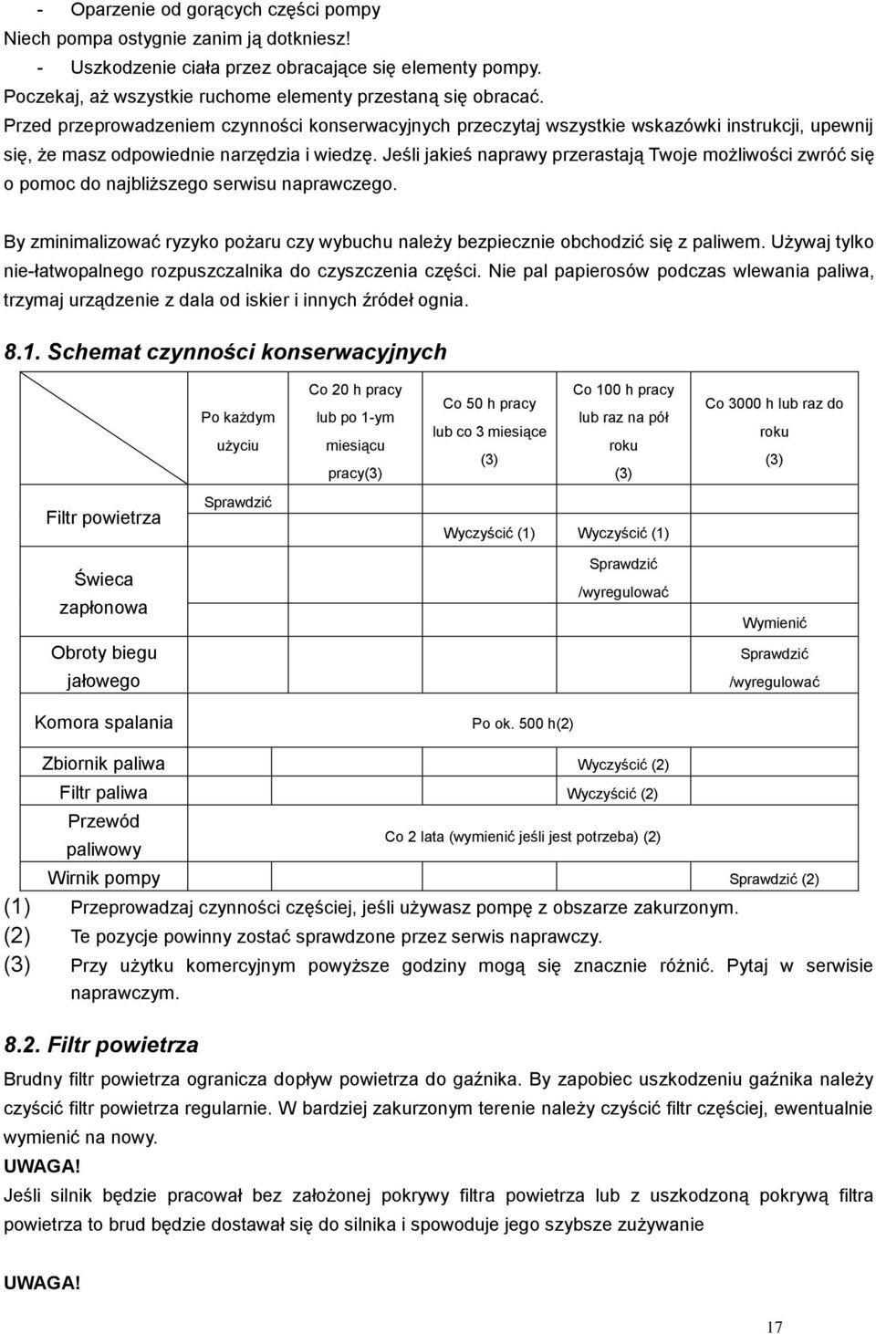 Jeśli jakieś naprawy przerastają Twoje możliwości zwróć się o pomoc do najbliższego serwisu naprawczego. By zminimalizować ryzyko pożaru czy wybuchu należy bezpiecznie obchodzić się z paliwem.