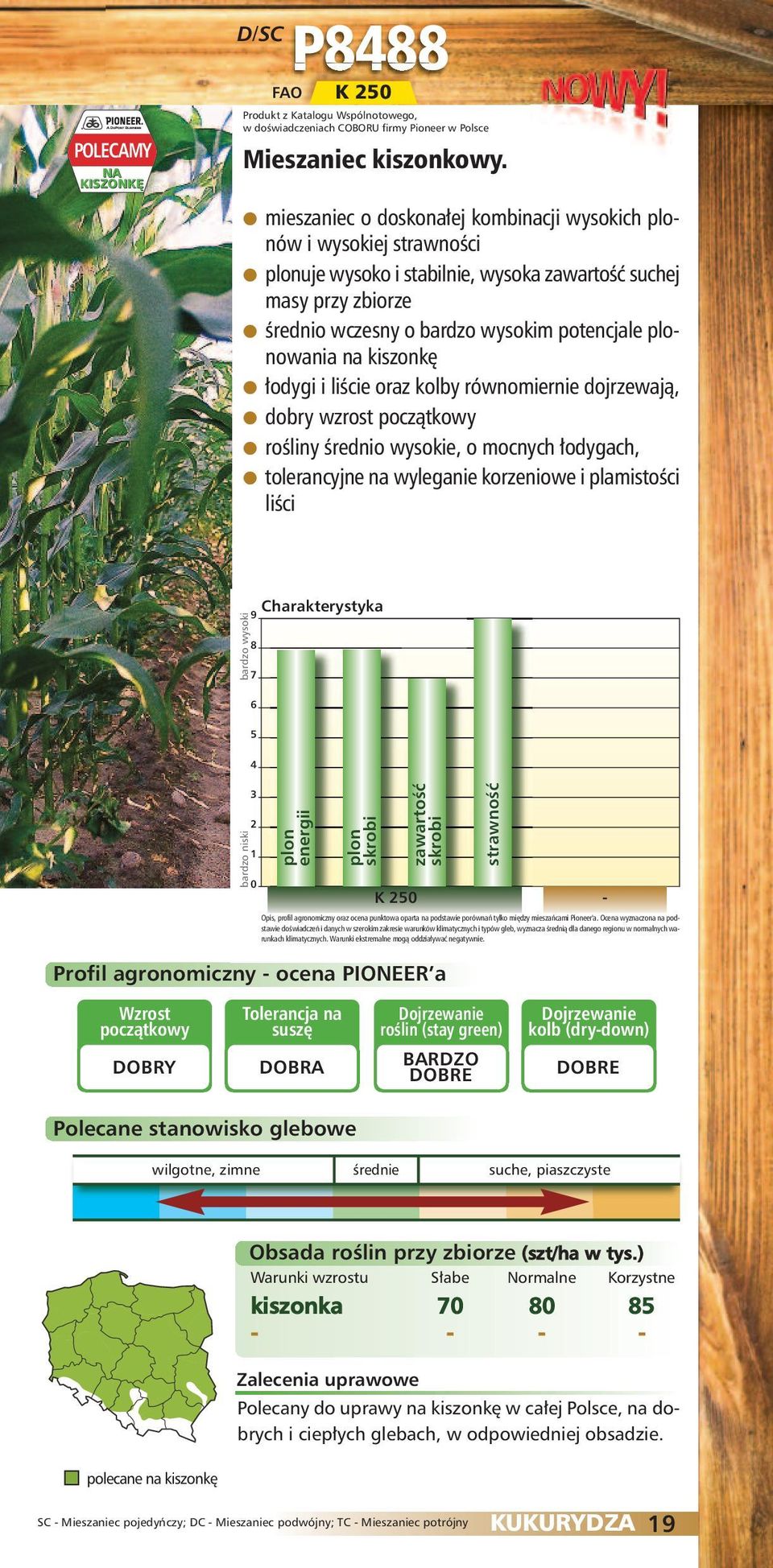 kiszonkę łodygi i liście oraz kolby równomiernie dojrzewają, dobry wzrost rośliny średnio wysokie, o mocnych łodygach, tolerancyjne korzeniowe i plamistości liści K -