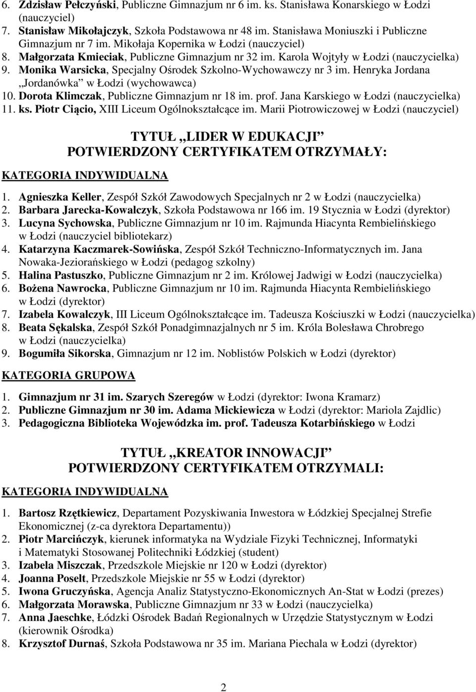 Monika Warsicka, Specjalny Ośrodek Szkolno-Wychowawczy nr 3 im. Henryka Jordana Jordanówka w Łodzi (wychowawca) 10. Dorota Klimczak, Publiczne Gimnazjum nr 18 im. prof. Jana Karskiego w Łodzi 11. ks.