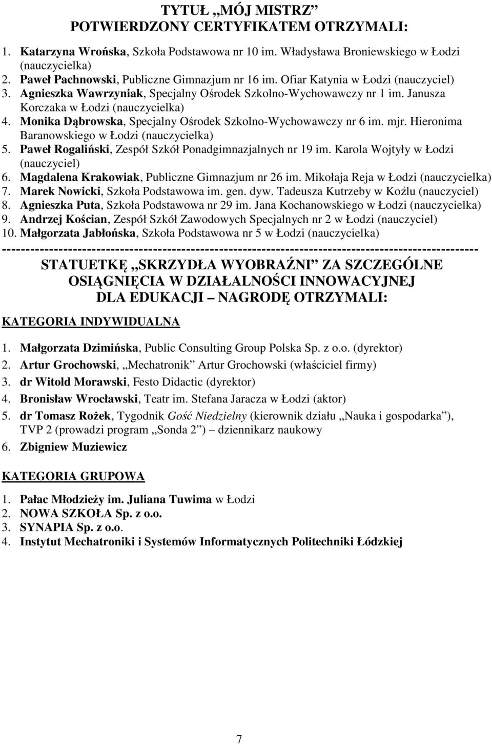 Hieronima Baranowskiego w Łodzi 5. Paweł Rogaliński, Zespół Szkół Ponadgimnazjalnych nr 19 im. Karola Wojtyły w Łodzi (nauczyciel) 6. Magdalena Krakowiak, Publiczne Gimnazjum nr 26 im.