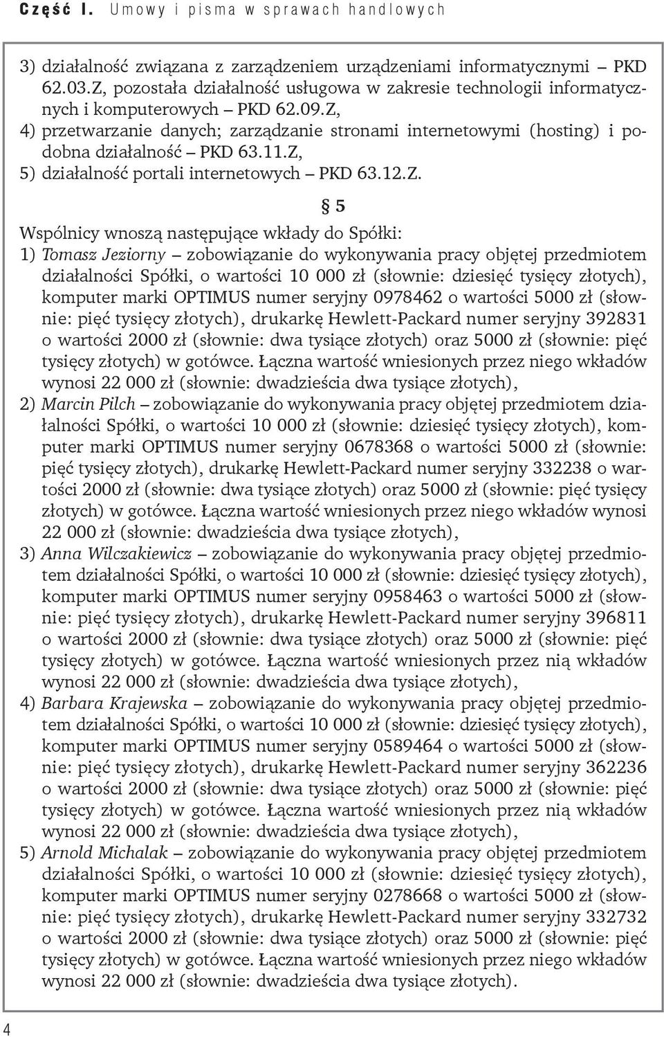 Z, 4) przetwarzanie danych; zarządzanie stronami internetowymi (hosting) i podobna działalność PKD 63.11.Z, 5) działalność portali internetowych PKD 63.12.Z. 5 Wspólnicy wnoszą następujące wkłady do