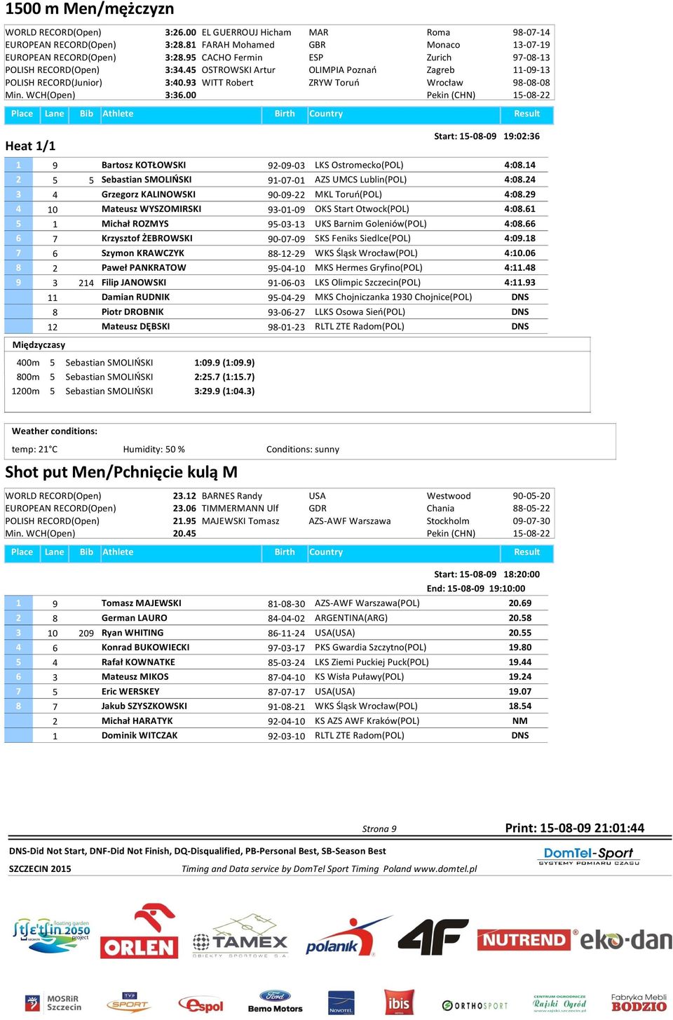 WCH(Open) 3:36.00 Start: 15-08-09 19:02:36 1 9 Bartosz KOTŁOWSKI 92-09-03 LKS Ostromecko(POL) 4:08.14 2 5 5 Sebastian SMOLIŃSKI 91-07-01 AZS UMCS Lublin(POL) 4:08.