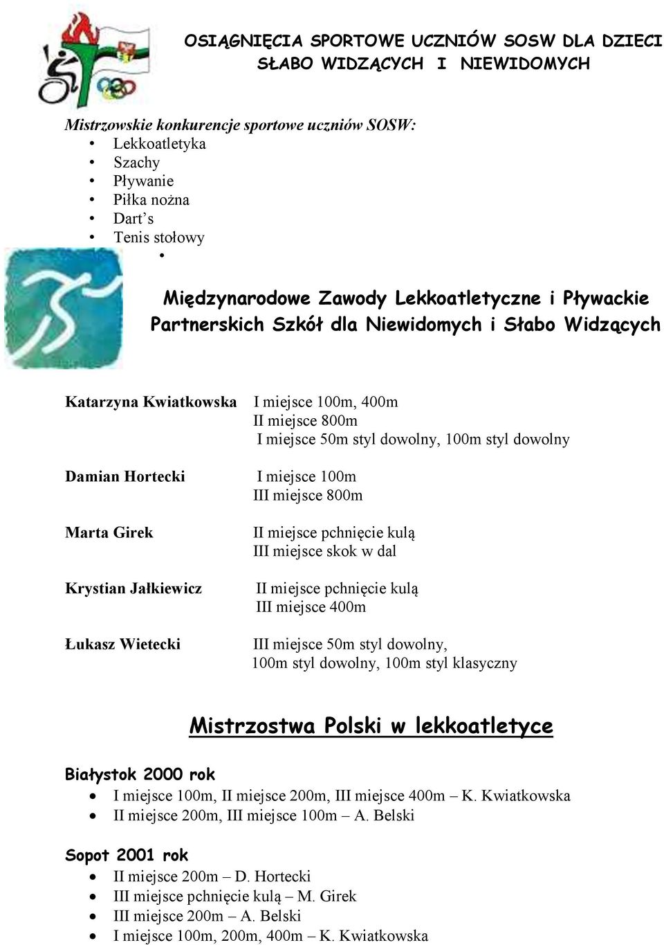 100m, 400m II miejsce 800m I miejsce 50m styl dowolny, 100m styl dowolny I miejsce 100m III miejsce 800m II miejsce pchnięcie kulą III miejsce skok w dal II miejsce pchnięcie kulą III miejsce 400m