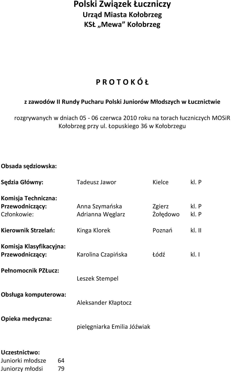 P Komisja Techniczna: Przewodniczący: Anna Szymańska Zgierz kl. P Członkowie: Adrianna Węglarz Żołędowo kl. P Kierownik Strzelań: Kinga Klorek Poznań kl.