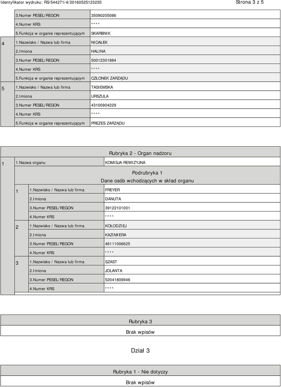 Nazwa organu KOMISJA REWIZYJNA Podrubryka 1 Dane osób wchodzących w skład organu 1 1.Nazwisko / Nazwa lub firma FREYER DANUTA 3.