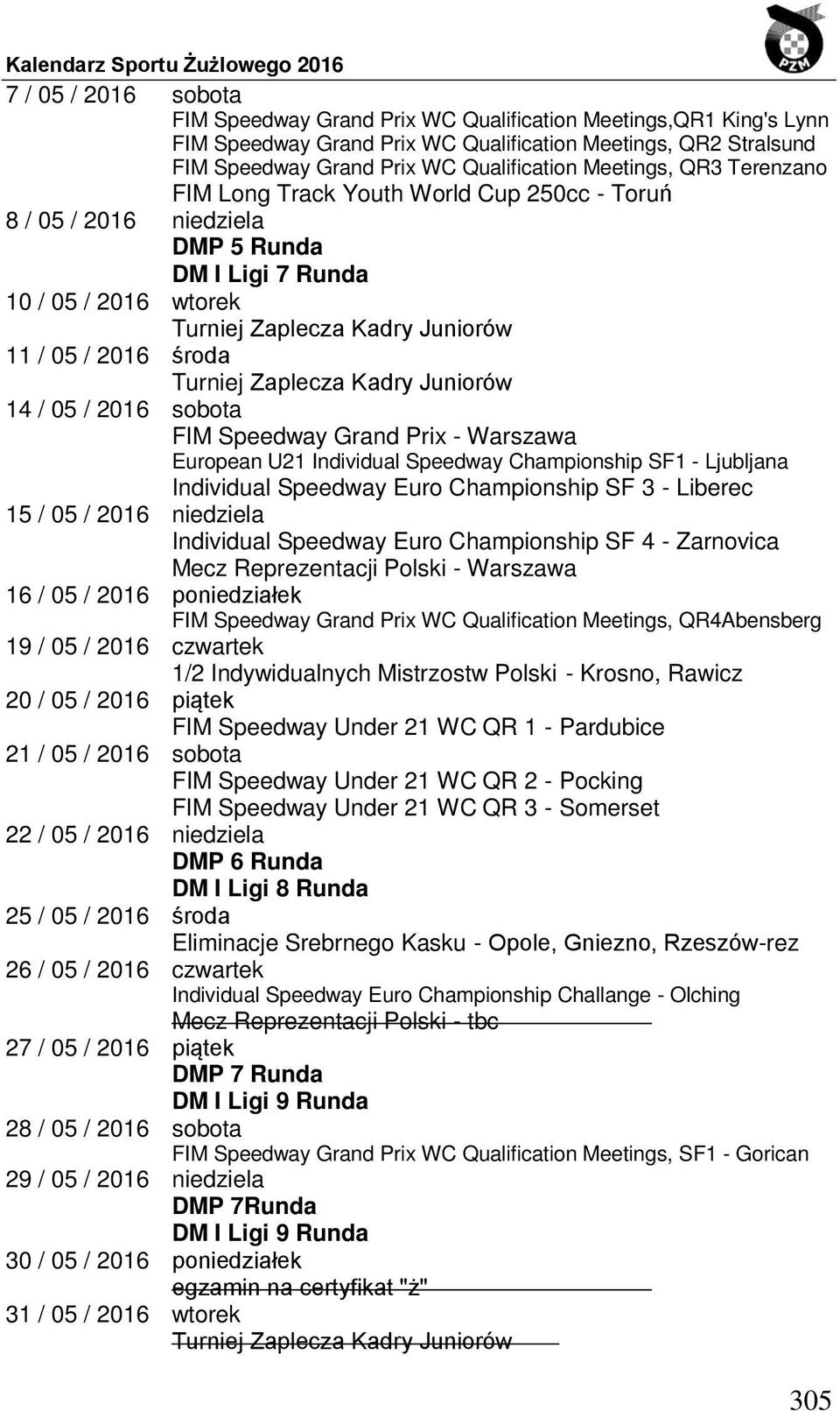 Speedway Grand Prix - Warszawa European U21 Individual Speedway Championship SF1 - Ljubljana Individual Speedway Euro Championship SF 3 - Liberec 15 / 05 / 2016 niedziela Individual Speedway Euro