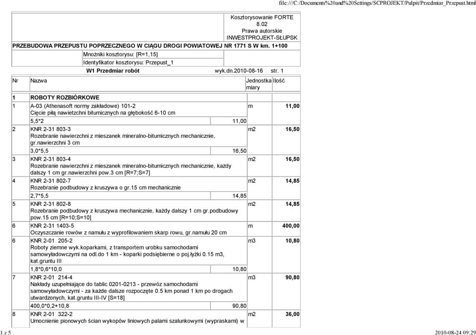 1 1 ROBOTY ROZBIÓRKOWE 1 A-03 (Athenasoft normy zakładowe) 101-2 Cięcie piłą nawietzchni bitumicznych na głębokość 6-10 cm 5,5*2 1 2 KNR 2-31 803-3 Rozebranie nawierzchni z mieszanek