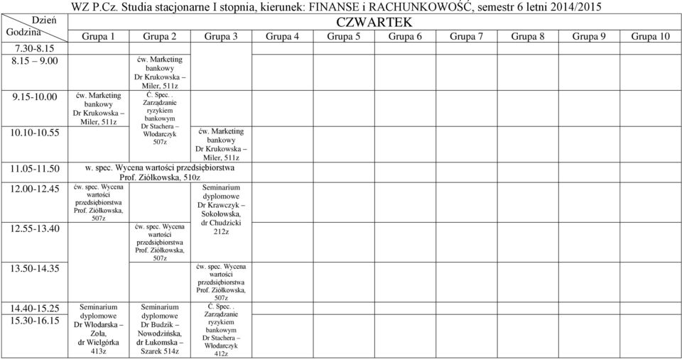 40 Wycena Dr Krawczyk Sokołowska, dr Chudzicki 212z 13.50-14.35 Wycena 14.40-15.25 15.30-16.