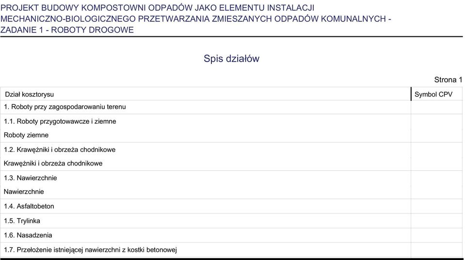 Roboty przy zagospodarowaniu terenu Symbol CPV 1.1. Roboty przygotowawcze i ziemne Roboty ziemne 1.2.