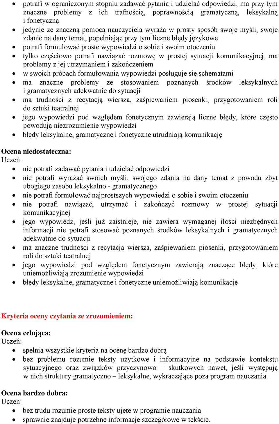 potrafi nawiązać rozmowę w prostej sytuacji komunikacyjnej, ma problemy z jej utrzymaniem i zakończeniem w swoich próbach formułowania wypowiedzi posługuje się schematami ma znaczne problemy ze