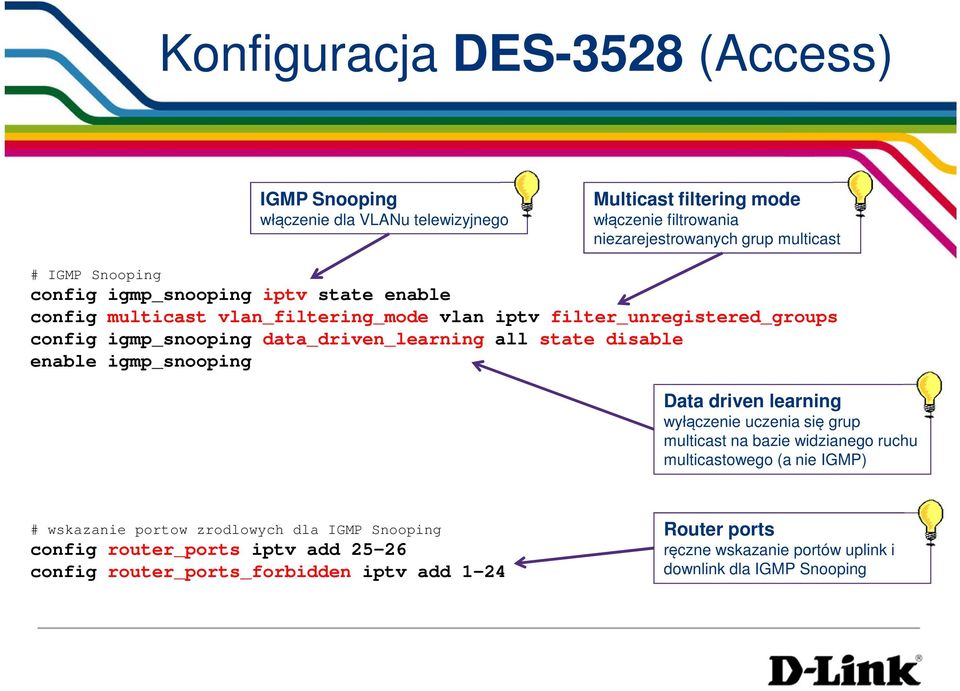 state disable enable igmp_snooping Data driven learning wyłączenie uczenia się grup multicast na bazie widzianego ruchu multicastowego (a nie IGMP) # wskazanie portow