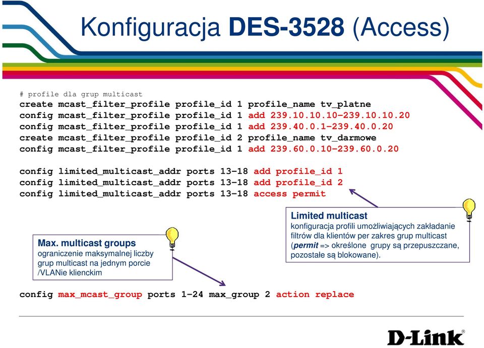 60.0.10-239.60.0.20 config limited_multicast_addr ports 13-18 add profile_id 1 config limited_multicast_addr ports 13-18 add profile_id 2 config limited_multicast_addr ports 13-18 access permit Max.