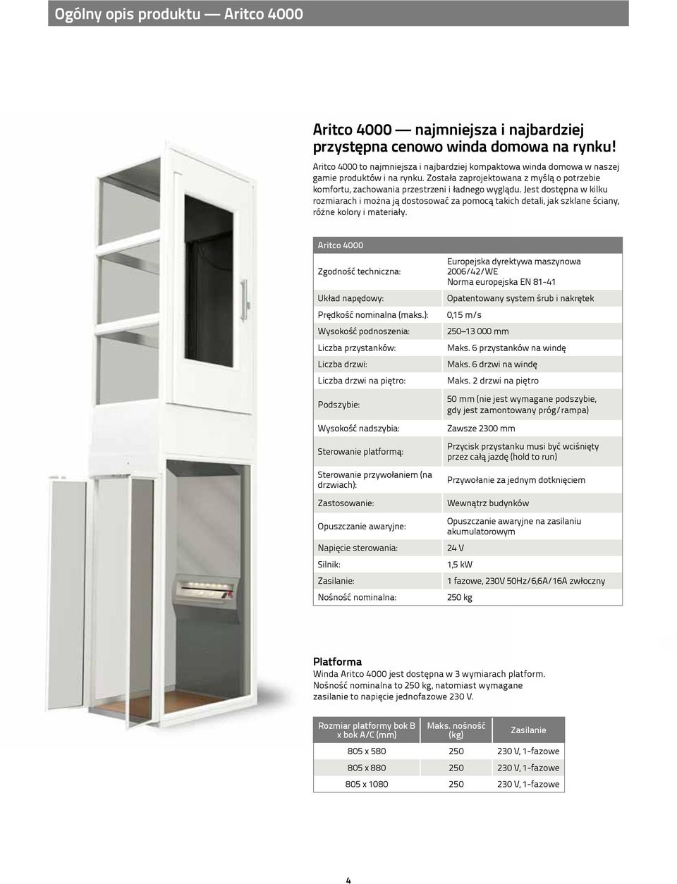 Jest dostępna w kilku rozmiarach i można ją dostosować za pomocą takich detali, jak szklane ściany, różne kolory i materiały. Aritco 4000 Zgodność techniczna: Układ napędowy: Prędkość nominalna (maks.