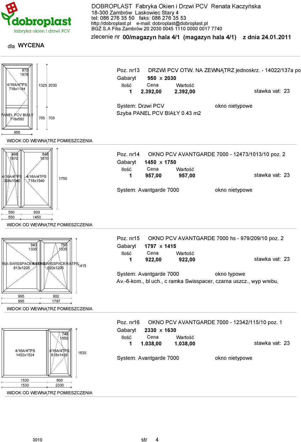 2 Gabaryt 1450 x 1750 1 957,00 957,00 Poz. nr15 OKNO PCV AVANTGARDE 7000 hs - 979/209/10 poz.