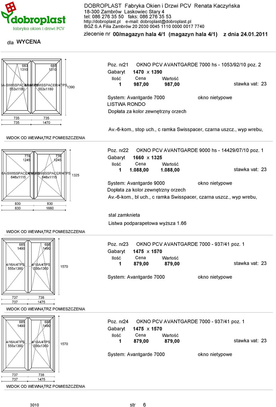 088,00 System: Avantgarde 9000 Dopłata za kolor zewnętrzny orzech Av.-6-kom., bl uch., c ramka Swisspacer, czarna uszcz.