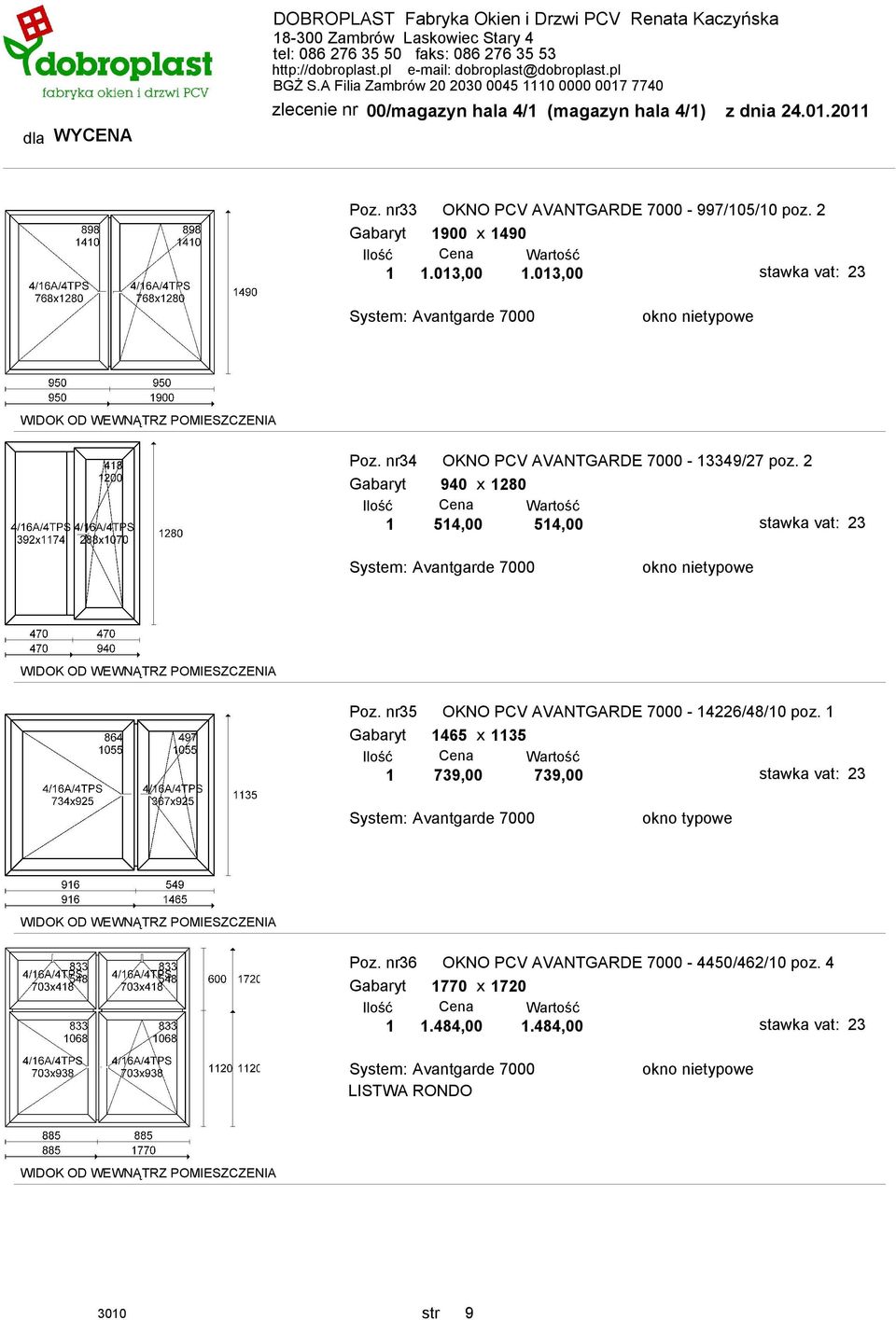 2 Gabaryt 940 x 1280 1 514,00 514,00 Poz. nr35 OKNO PCV AVANTGARDE 7000-14226/48/10 poz.