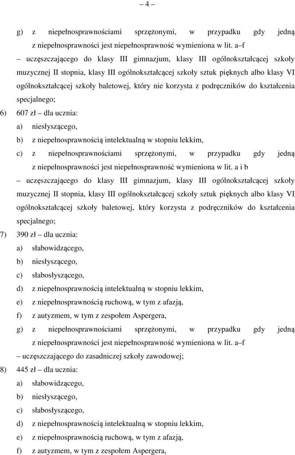 baletowej, który nie korzysta z podręczników do kształcenia specjalnego; 6) 607 zł dla ucznia: a) niesłyszącego, b) z niepełnosprawnością intelektualną w stopniu lekkim, c) z niepełnosprawnościami