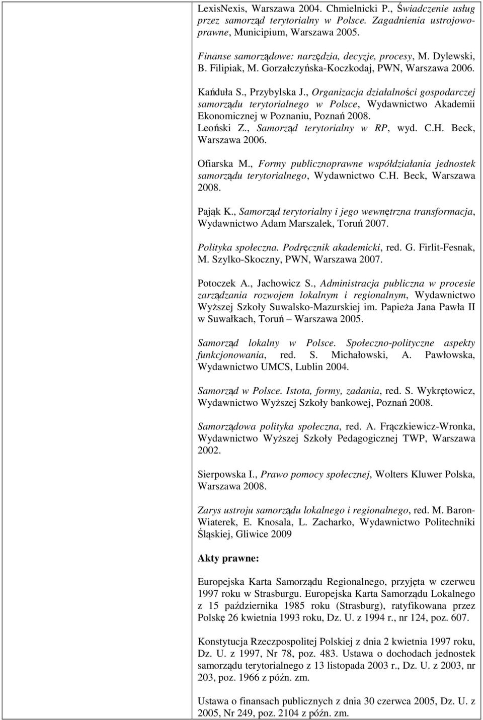 , Organizacja działalności gospodarczej samorządu terytorialnego w Polsce, Wydawnictwo Akademii Ekonomicznej w Poznaniu, Poznań 2008. Leoński Z., Samorząd terytorialny w RP, wyd. C.H.