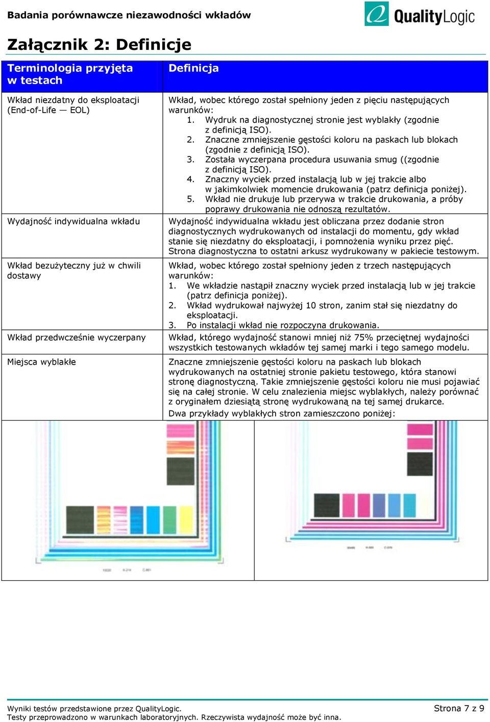 Znaczne zmniejszenie gęstości koloru na paskach lub blokach (zgodnie z definicją ISO). 3. Została wyczerpana procedura usuwania smug ((zgodnie z definicją ISO). 4.