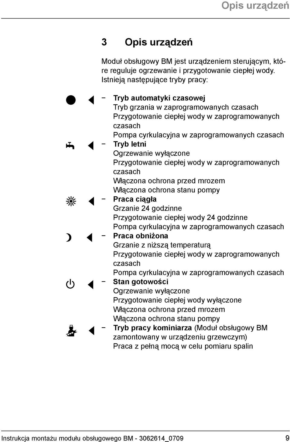 Tryb letni Ogrzewanie wyłączone Przygotowanie ciepłej wody w zaprogramowanych czasach Włączona ochrona przed mrozem Włączona ochrona stanu pompy Praca ciągła Grzanie 24 godzinne Przygotowanie ciepłej