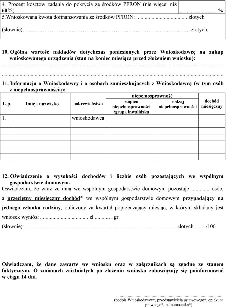 Informacja o Wnioskodawcy i o osobach zamieszkujących z Wnioskodawcą (w tym osób z niepełnosprawnością): niepełnosprawność L.p. Imię i nazwisko pokrewieństwo 1.