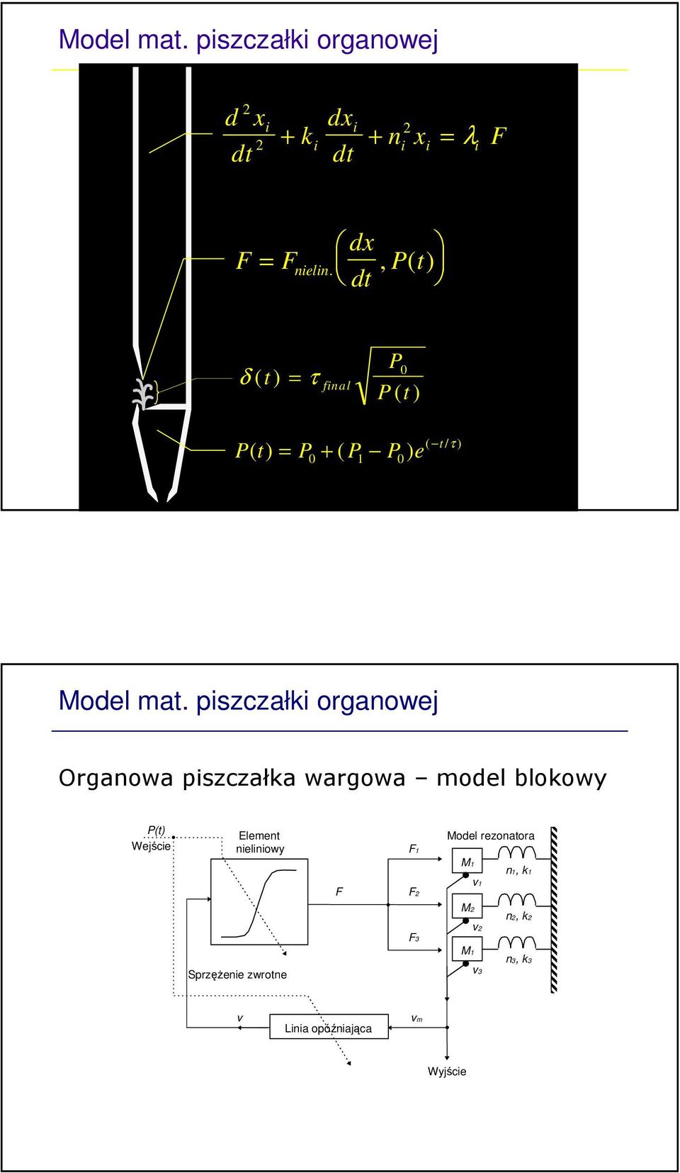 piszczałki organowej Organowa piszczałka wargowa model blokowy P(t) Wejście Element nieliniowy F1
