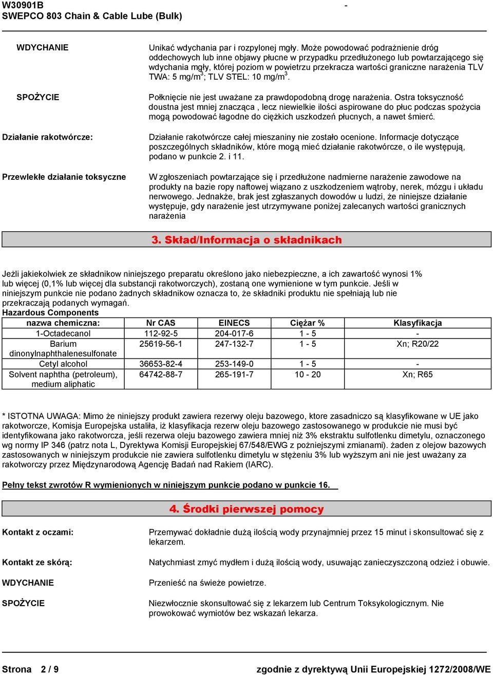 TLV TWA: 5 mg/m 3 ; TLV STEL: 10 mg/m 3. Połknięcie nie jest uważane za prawdopodobną drogę narażenia.