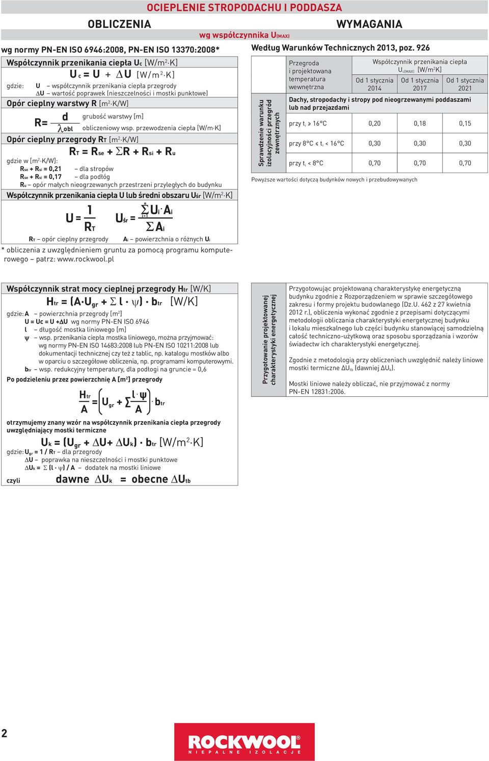 przewodzenia ciepła [W/m K] Opór cieplny przegrody RT [m 2 K/W] gdzie w [m 2 K/W]: Rse + Rsi = 0,21 Rse + Rsi = 0,17 RT = Rse + R + Rsi + Ru dla stropów dla podłóg Ru opór małych nieogrzewanych