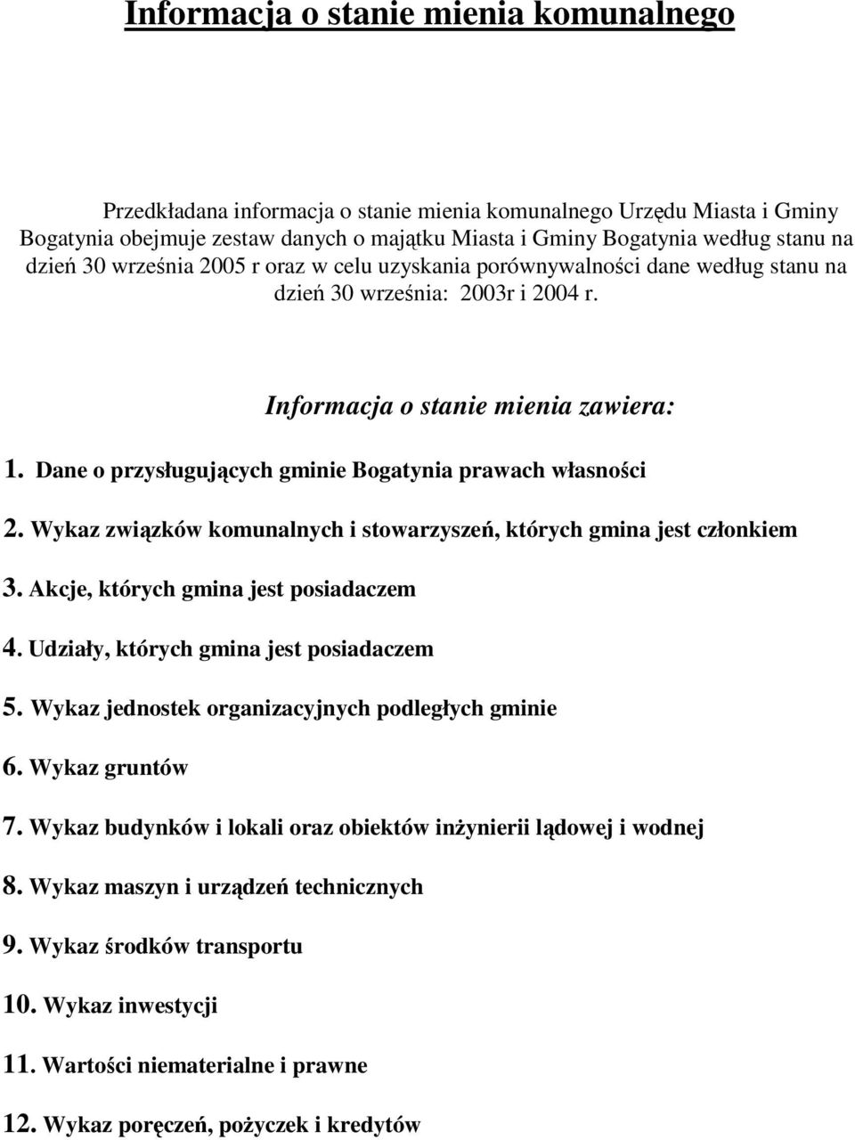 Dane o przysługujących gminie Bogatynia prawach własności 2. Wykaz związków komunalnych i stowarzyszeń, których gmina jest członkiem 3. Akcje, których gmina jest posiadaczem 4.