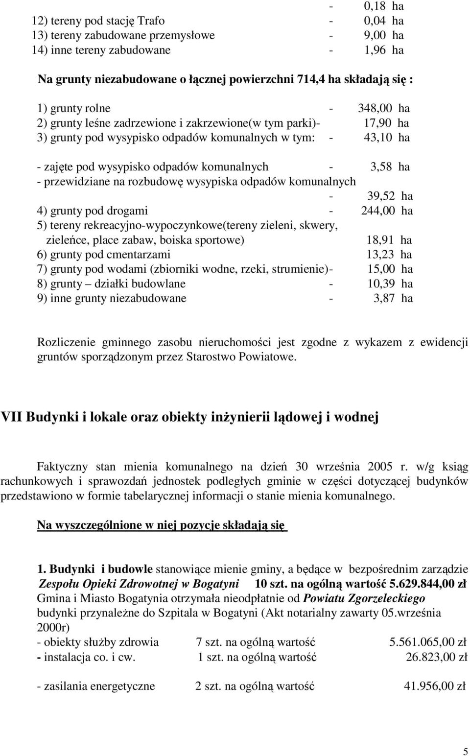 3,58 ha - przewidziane na rozbudowę wysypiska odpadów komunalnych - 39,52 ha 4) grunty pod drogami - 244,00 ha 5) tereny rekreacyjno-wypoczynkowe(tereny zieleni, skwery, zieleńce, place zabaw, boiska