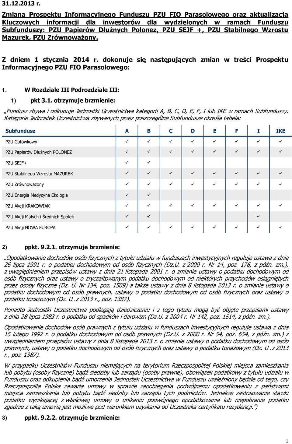 SEJF +, PZU Stabilnego Wzrostu Mazurek, PZU Zrównoważony. Z dniem 1 stycznia 2014 r. dokonuje się następujących zmian w treści Prospektu Informacyjnego PZU FIO Parasolowego: 1.