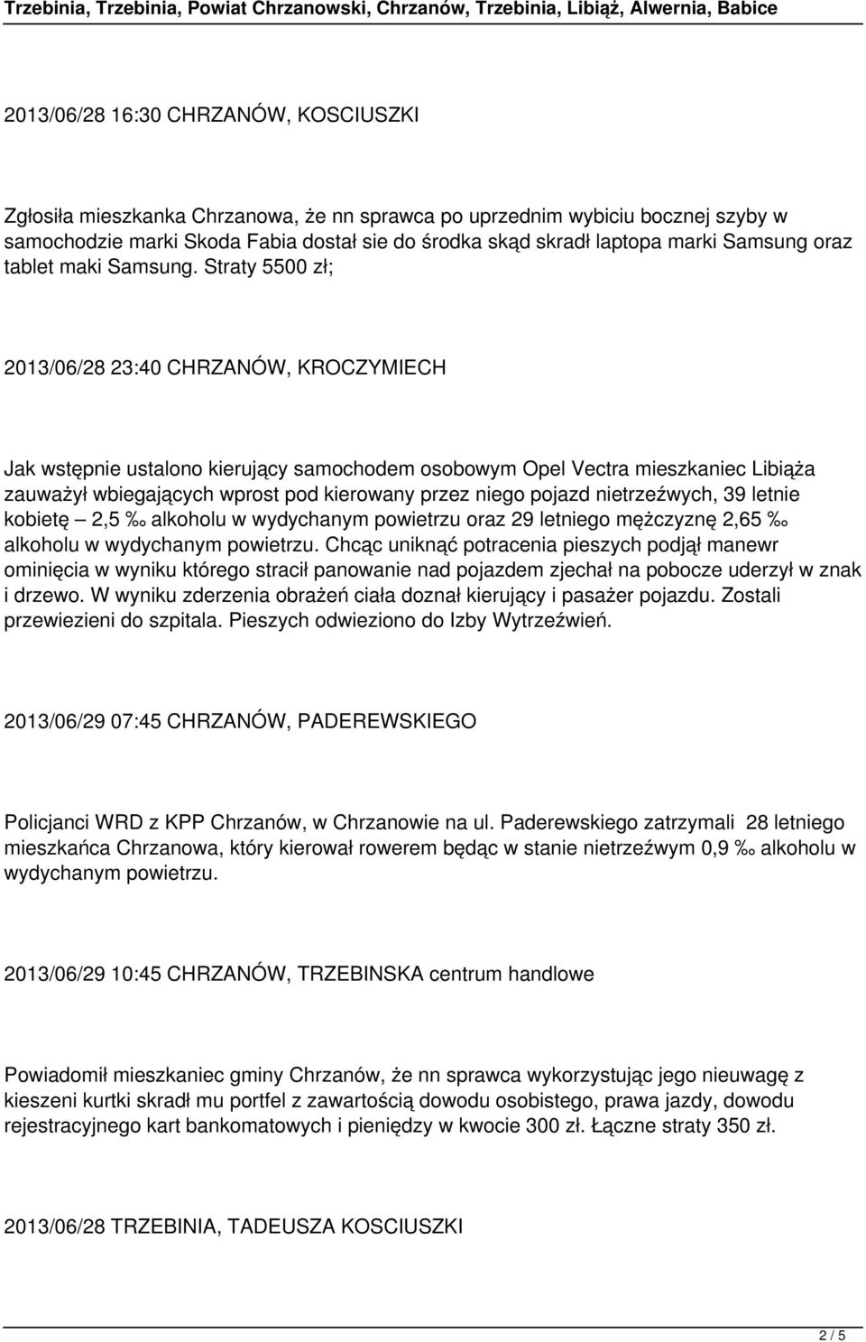 Straty 5500 zł; 2013/06/28 23:40 CHRZANÓW, KROCZYMIECH Jak wstępnie ustalono kierujący samochodem osobowym Opel Vectra mieszkaniec Libiąża zauważył wbiegających wprost pod kierowany przez niego