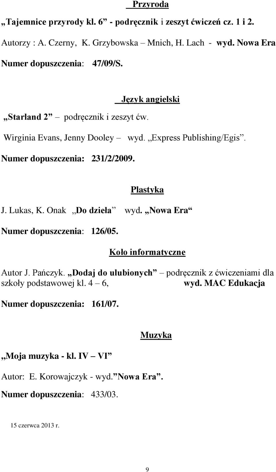 Numer dopuszczenia: 231/2/2009. Plastyka J. Lukas, K. Onak Do dzieła wyd. Nowa Era Numer dopuszczenia: 126/05. Koło informatyczne Autor J. Pańczyk.