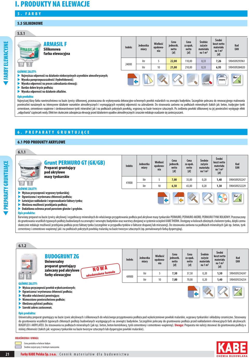 5 SILIKONOWE t FARBY ELEWACYJNE 5.5.1 ARMASIL F Silikonowa farba elewacyjna litr 5 22,00 110,00 0,33 7,26 5904509293961 24000 litr 10 21,00 210,00 0,33 6,93 5904509284020 u Najwyższa odporność na