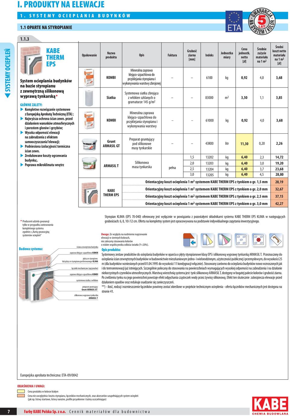 1 OPARTE NA STYROPIANIE 1.1.3 t SYSTEMY OCIEPLEŃ KABE THERM EPS System ocieplania budynków na bazie styropianu z zewnętrzną silikonową wyprawą tynkarską u Kompletne rozwiązanie systemowe z Europejską